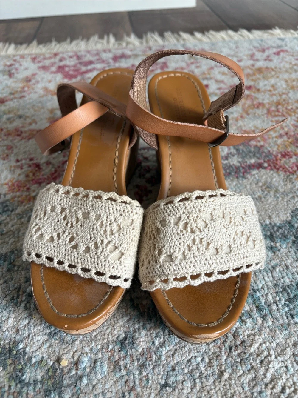 American Eagle Outfitters Crochet Front Wedge Sandals in Cream and Tan